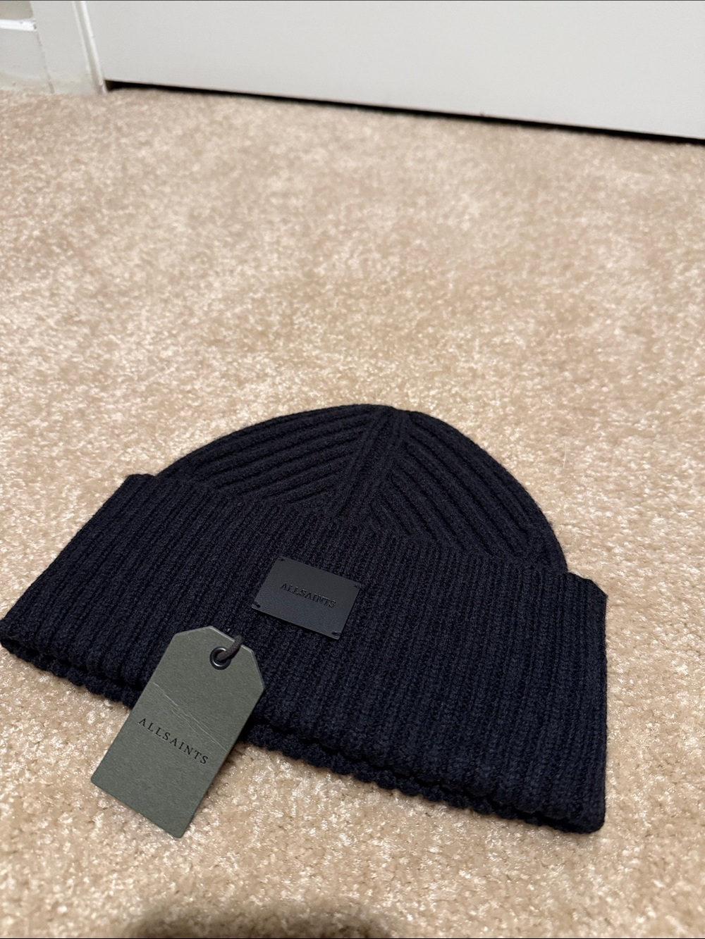 All Saints Black Ribbed Fold-Over Beanie - Picture 2 of 4